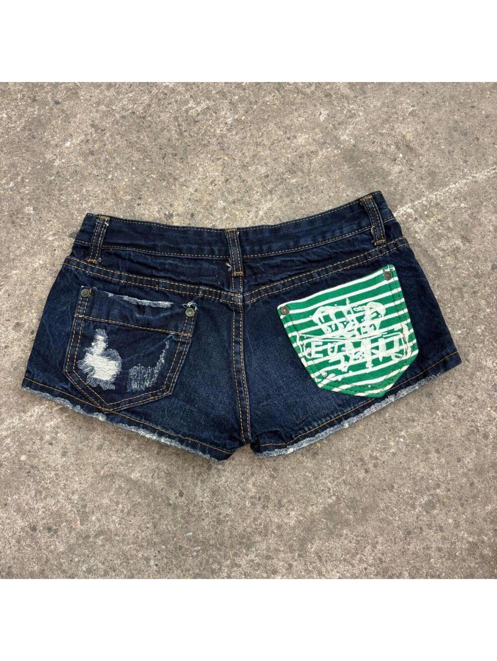 Vintage Y2K Low Rise Denim Micro Shorts Dark Wash Green Pocket